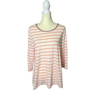 Chico's Peach & White Striped Beaded Scoop Neck Tunic Top Women's Size Large